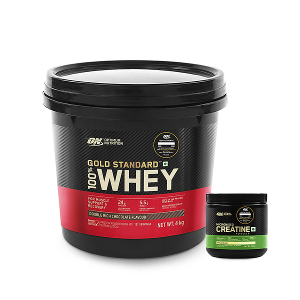 Gold Standard 100% Whey Protein Powder Double Rich Chocolate 4 kg and Micronised Creatine Powder Unflavoured 250 g