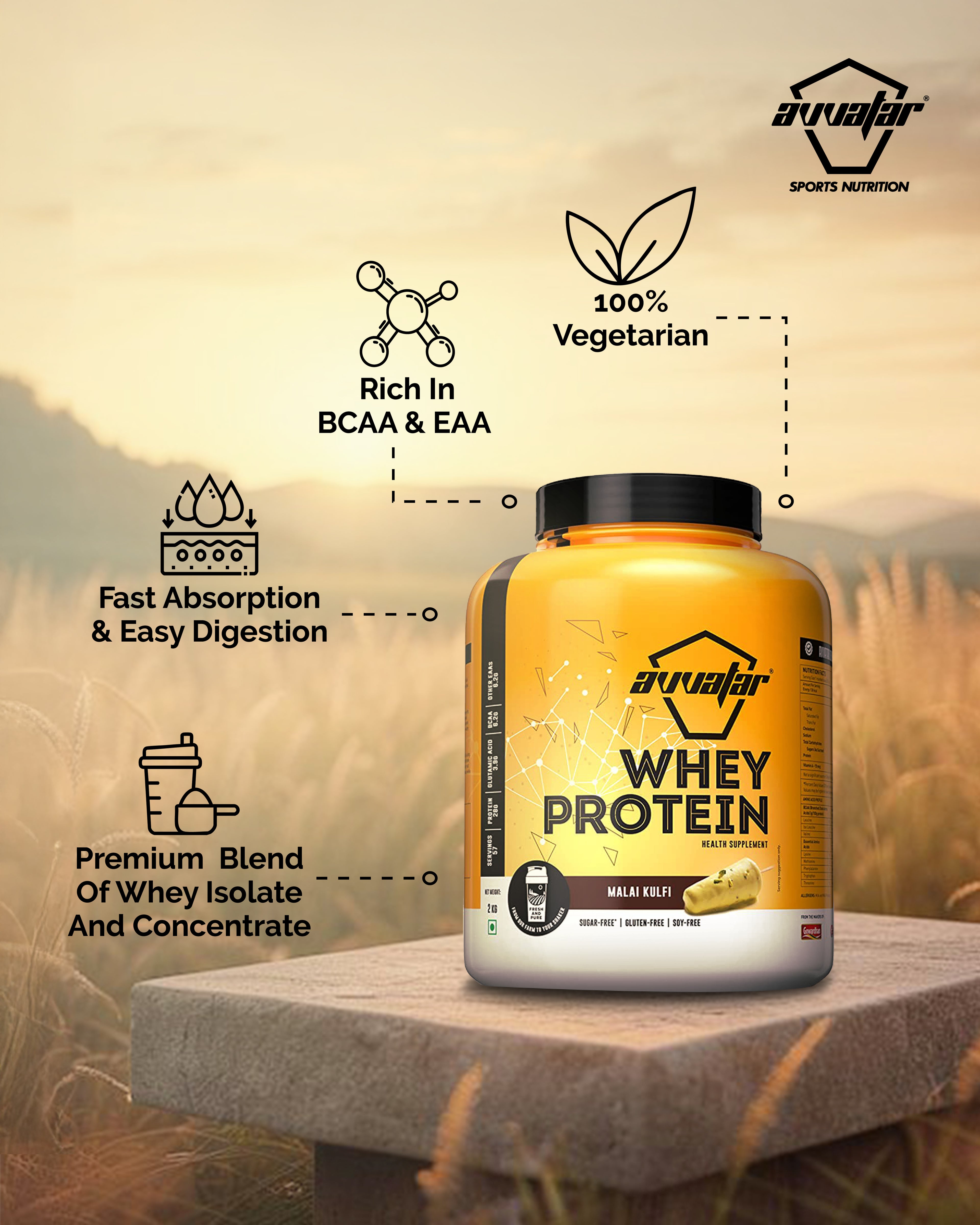 Avvatar Whey Protein | 2 Kg | Malai Kulfi Flavour