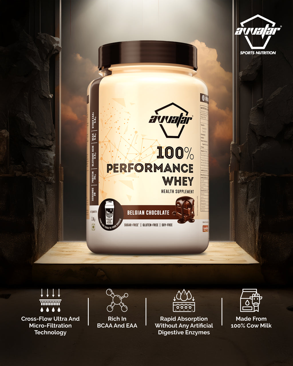 Avvatar 100% Performance Whey | 1 Kg | Belgian Chocolate Flavour