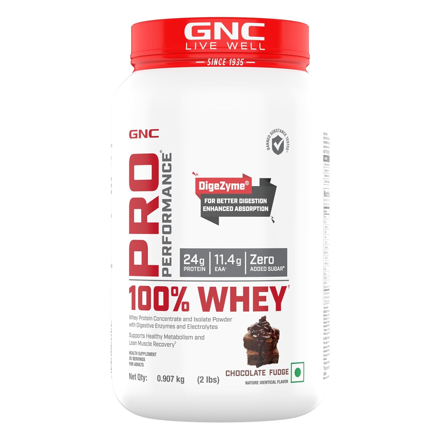 GNC Pro Performance 100% Whey Protein | 2 lbs | Muscle Growth | Muscle Recovery | DigeZyme® For Easy Digestion | Informed Choice Certified | 24g Protein | 5.5g BCAA | Chocolate Fudge | 907 gm