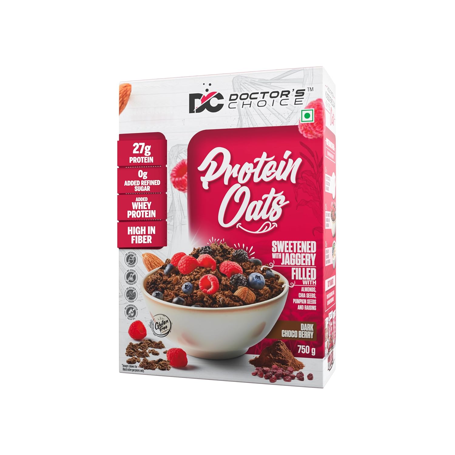 DC DOCTORS CHOICE Oats, High Protein Oats, 27G Pure Protein Breakfast Cereals, Jaggery Sweetened, Rich in Fiber, No Additives and 0g Sugar. (750g, Dark Choco Berry)