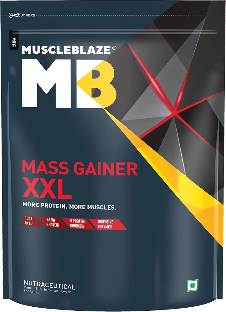MuscleBlaze Mass Gainer XXL (Chocolate, 1kg / 2.2lbs, 10 Servings) | With Complex Carbs, High Protein & Digestive Enzymes, Powder