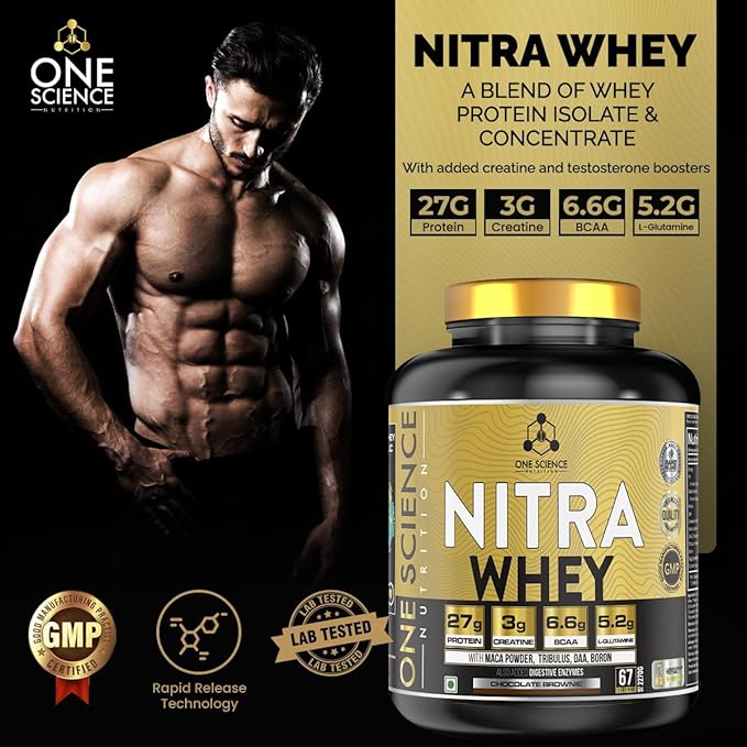 One Science Nutrition (OSN) Nitra Whey - DAA, Tribulus Terrestis, Maca powder and Boron & Creatine Monohydrate | 27g Protein, 3g Creatine, 5.2g Glutamine, 6.6g BCAA - 5lbs - Chocolate Brownie