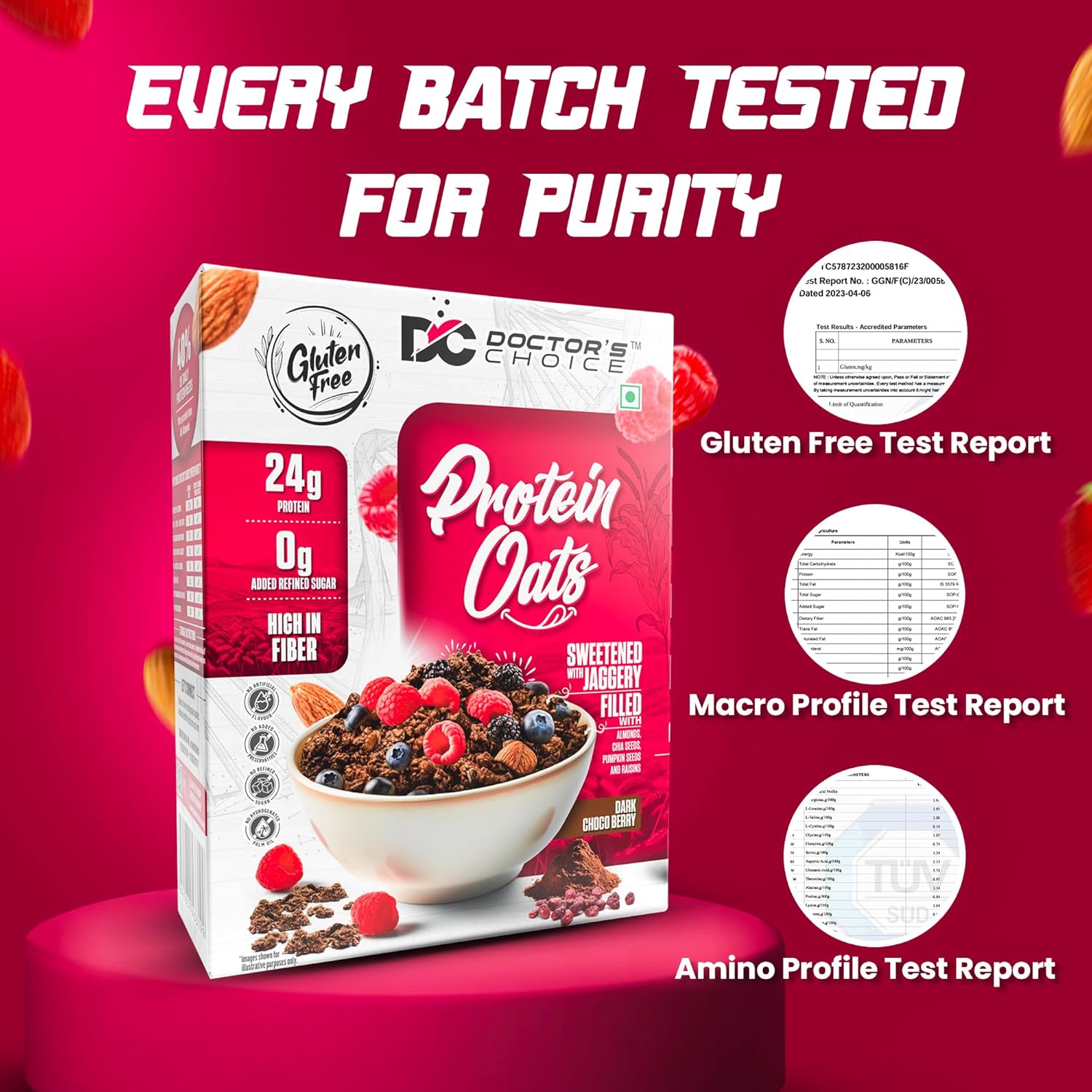 DC DOCTORS CHOICE Oats, High Protein Oats, 27G Pure Protein Breakfast Cereals, Jaggery Sweetened, Rich in Fiber, No Additives and 0g Sugar. (750g, Dark Choco Berry)