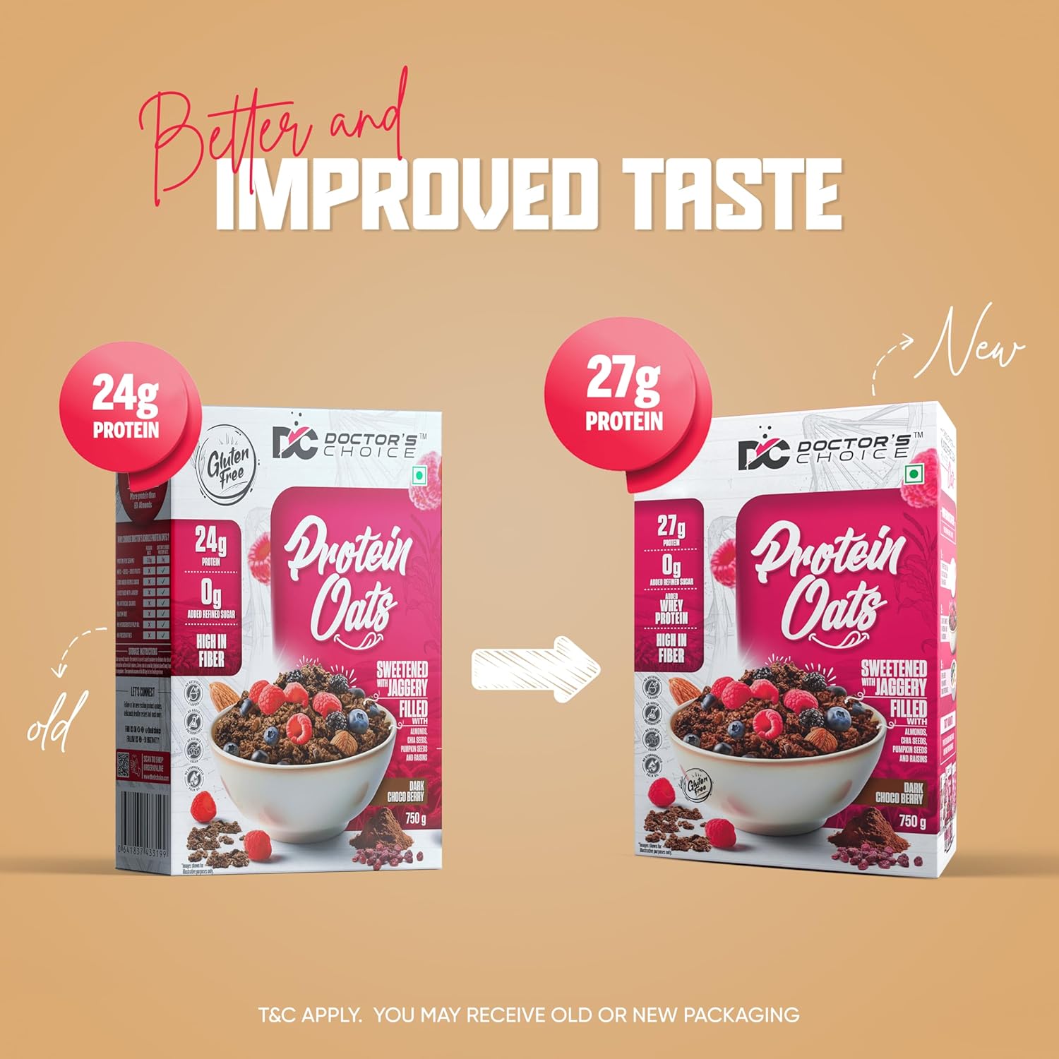 DC DOCTORS CHOICE Oats, High Protein Oats, 27G Pure Protein Breakfast Cereals, Jaggery Sweetened, Rich in Fiber, No Additives and 0g Sugar. (750g, Dark Choco Berry)