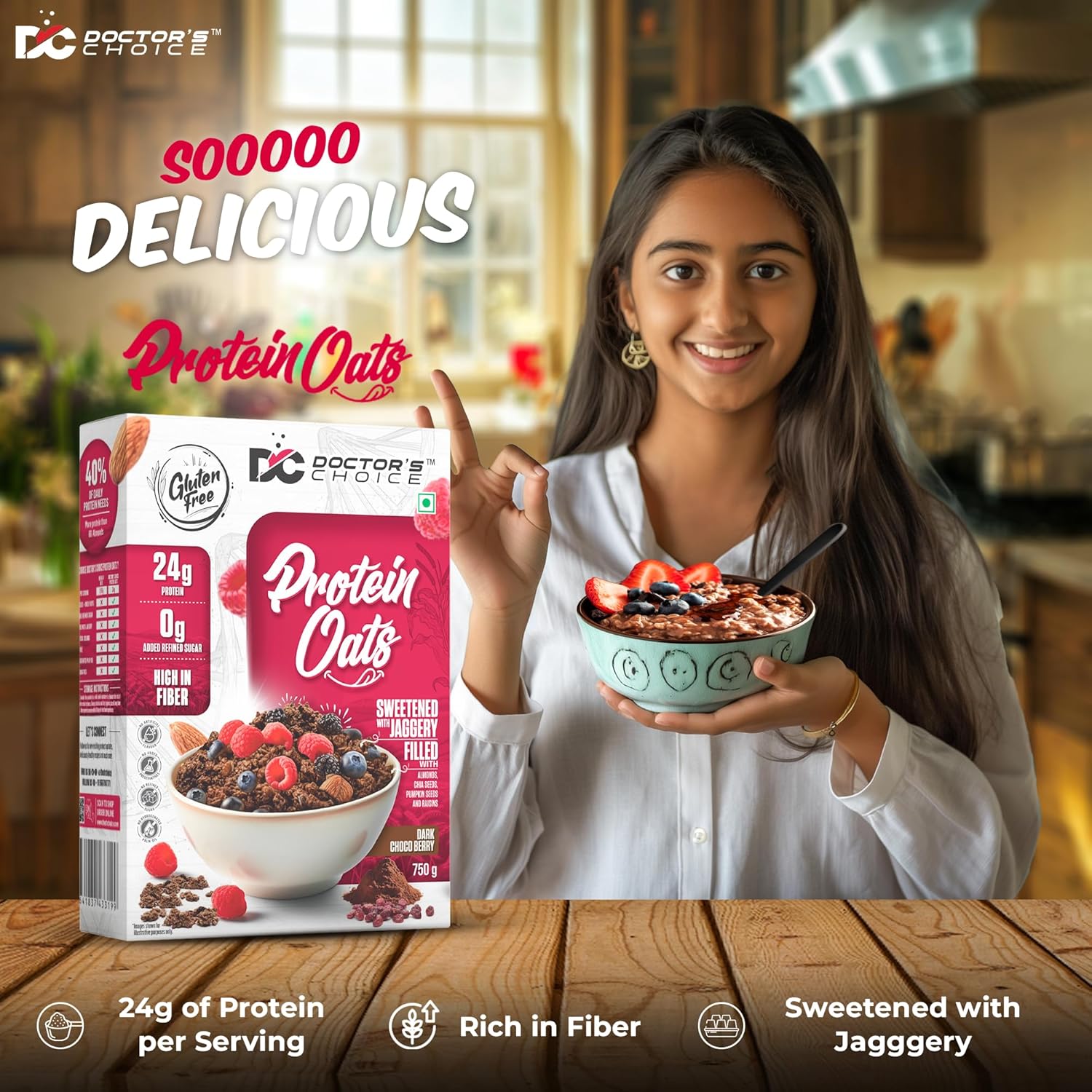 DC DOCTORS CHOICE Oats, High Protein Oats, 27G Pure Protein Breakfast Cereals, Jaggery Sweetened, Rich in Fiber, No Additives and 0g Sugar. (750g, Dark Choco Berry)