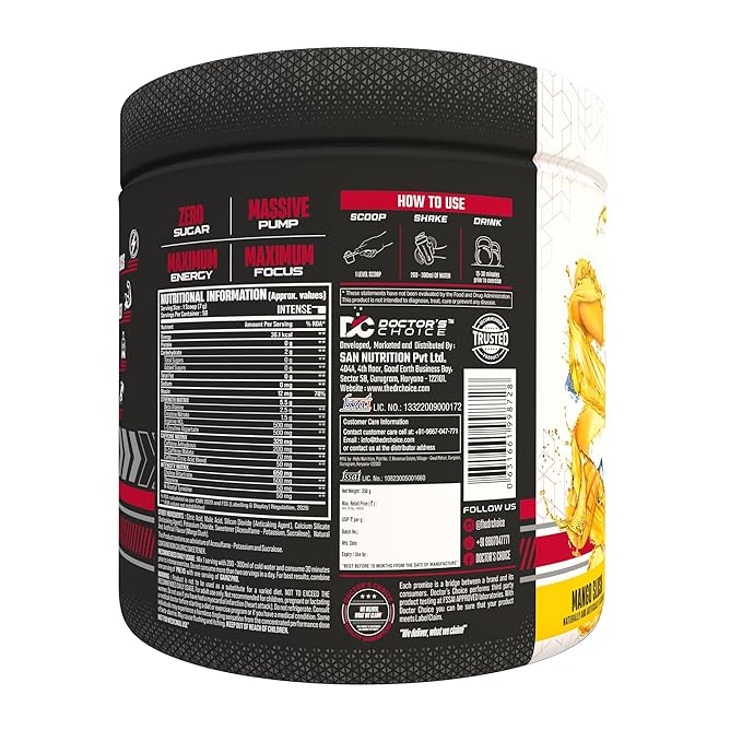 Doctor's Choice PRE-X5 Ultimate Professional Pre-Workout Formula, Mango Slush, 350 g Powder, USA FDA REGD 50 Serving