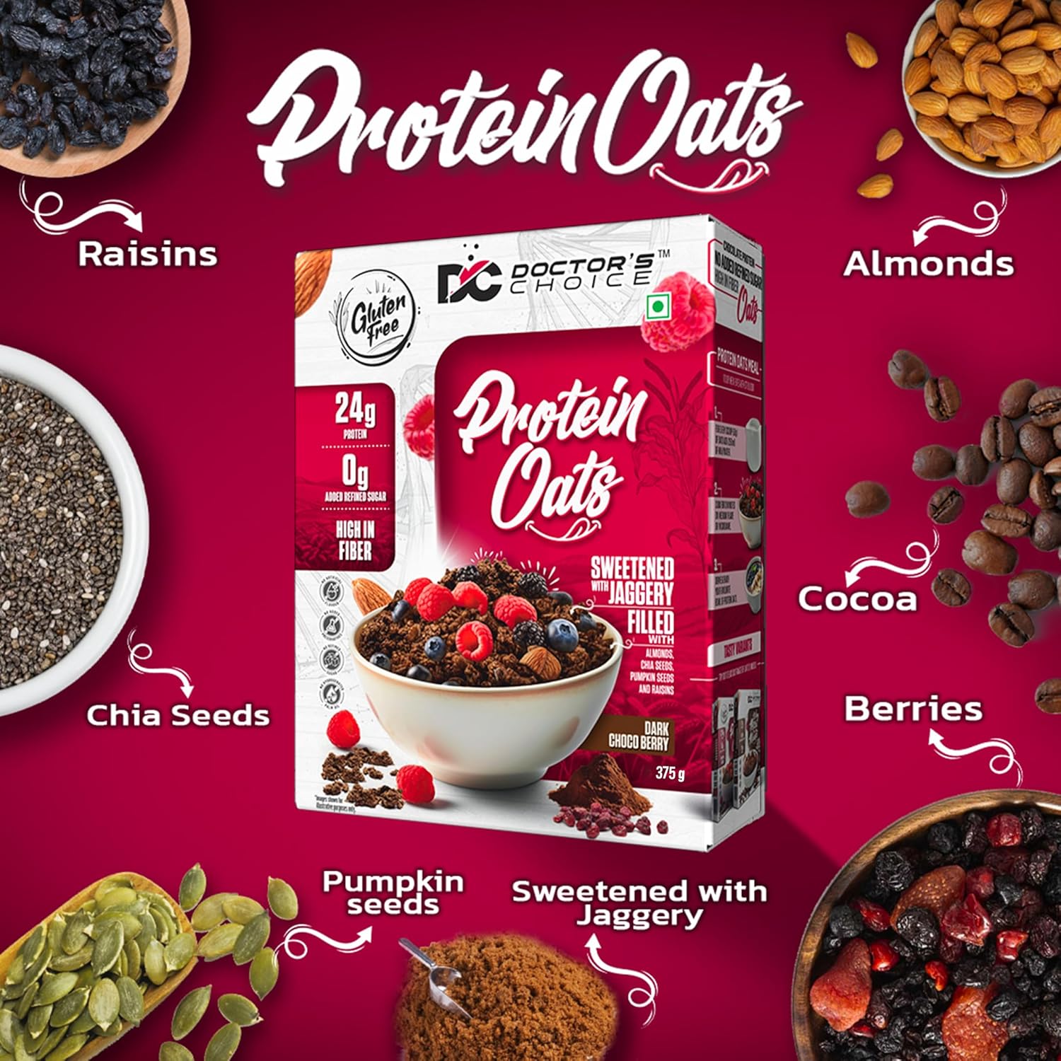 DC DOCTORS CHOICE Oats, High Protein Oats, 27G Pure Protein Breakfast Cereals, Jaggery Sweetened, Rich in Fiber, No Additives and 0g Sugar. (750g, Dark Choco Berry)
