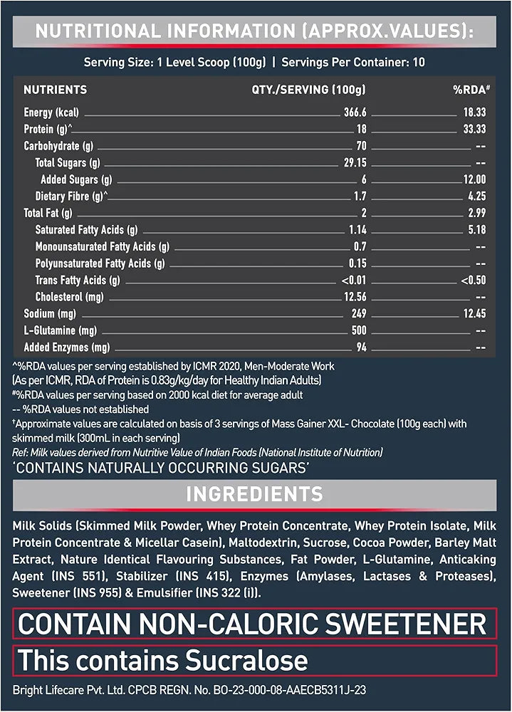 MuscleBlaze Mass Gainer XXL (Chocolate, 1kg / 2.2lbs, 10 Servings) | With Complex Carbs, High Protein & Digestive Enzymes, Powder