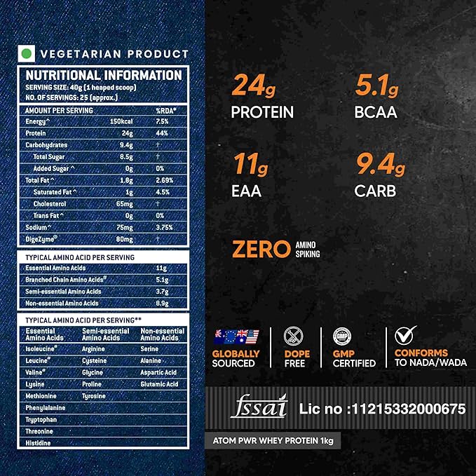AS-IT-IS ATOM PWR Whey Protein with Enzymes, 24g Protein, 11g EAA, Lean Muscle Gains & Rapid Recovery, Easy Digest, 1Kg Double Rich Chocolate