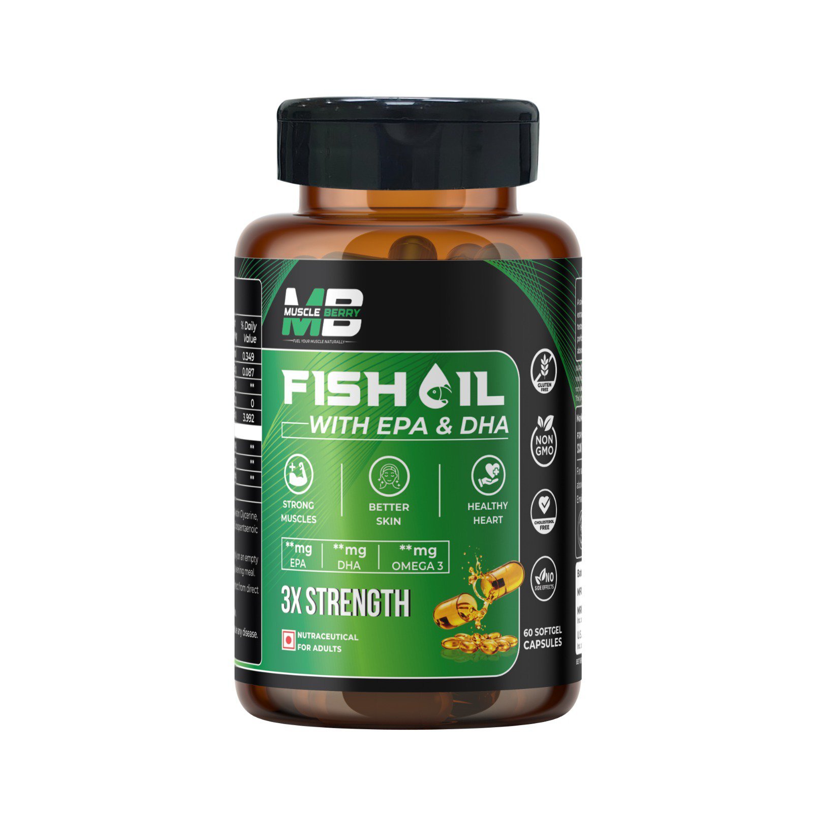 MuscleBerry Fish Oil Capsules with EPA & DHA – Omega 3 Supplement for Heart Health, Brain Function & Joint Support | 3X Strength | 60 Softgel Capsules
